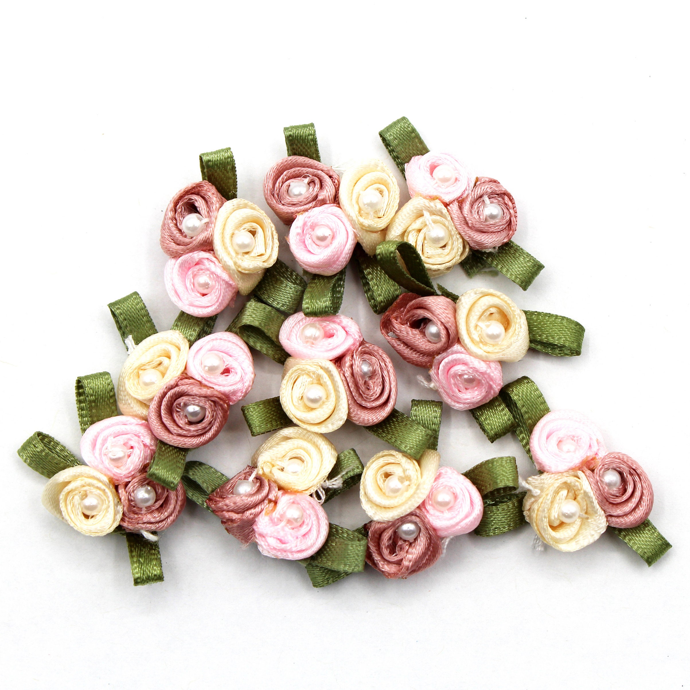 Mini Satin Ribbon Roses With Pearls and Leaves. Decoration  display picture 2