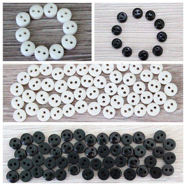 50 Tiny 6 mm White or Black Buttons for Sewing, Knitting and doll clothes. 6 mm Resin Buttons, Wholesale Bulk Buttons. Tiny Doll Buttons