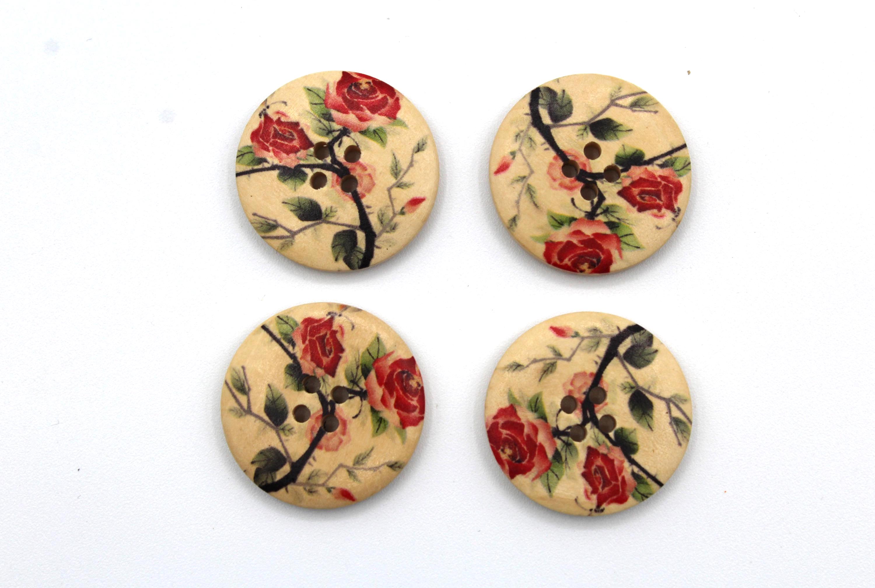 Extra Large Buttons. Wooden Buttons With Flowers Roses Design. 30mm ...