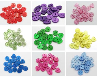 Small glitter buttons. Heart shape 12x13mm 10 pcs, round 13mm 10 pcs two holes buttons. Doll, kids, shirt buttons.