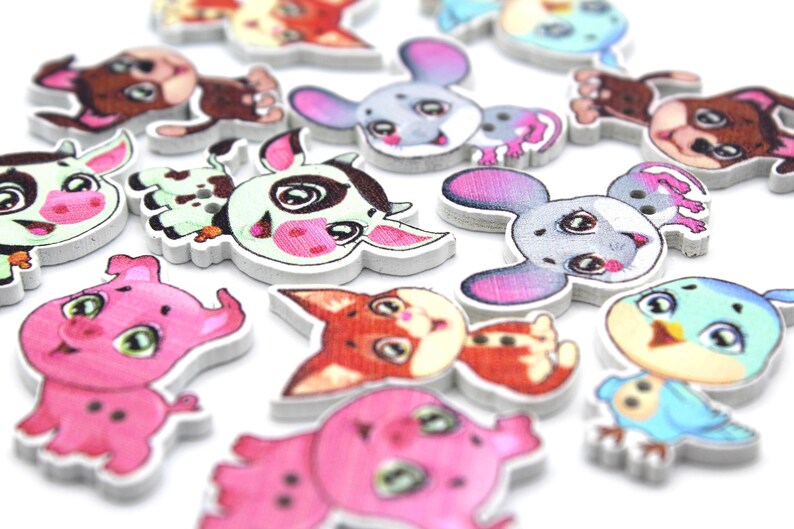 Cartoon Animals Buttons. Wooden Animal Shape Craft Buttons. Set of 12 ...