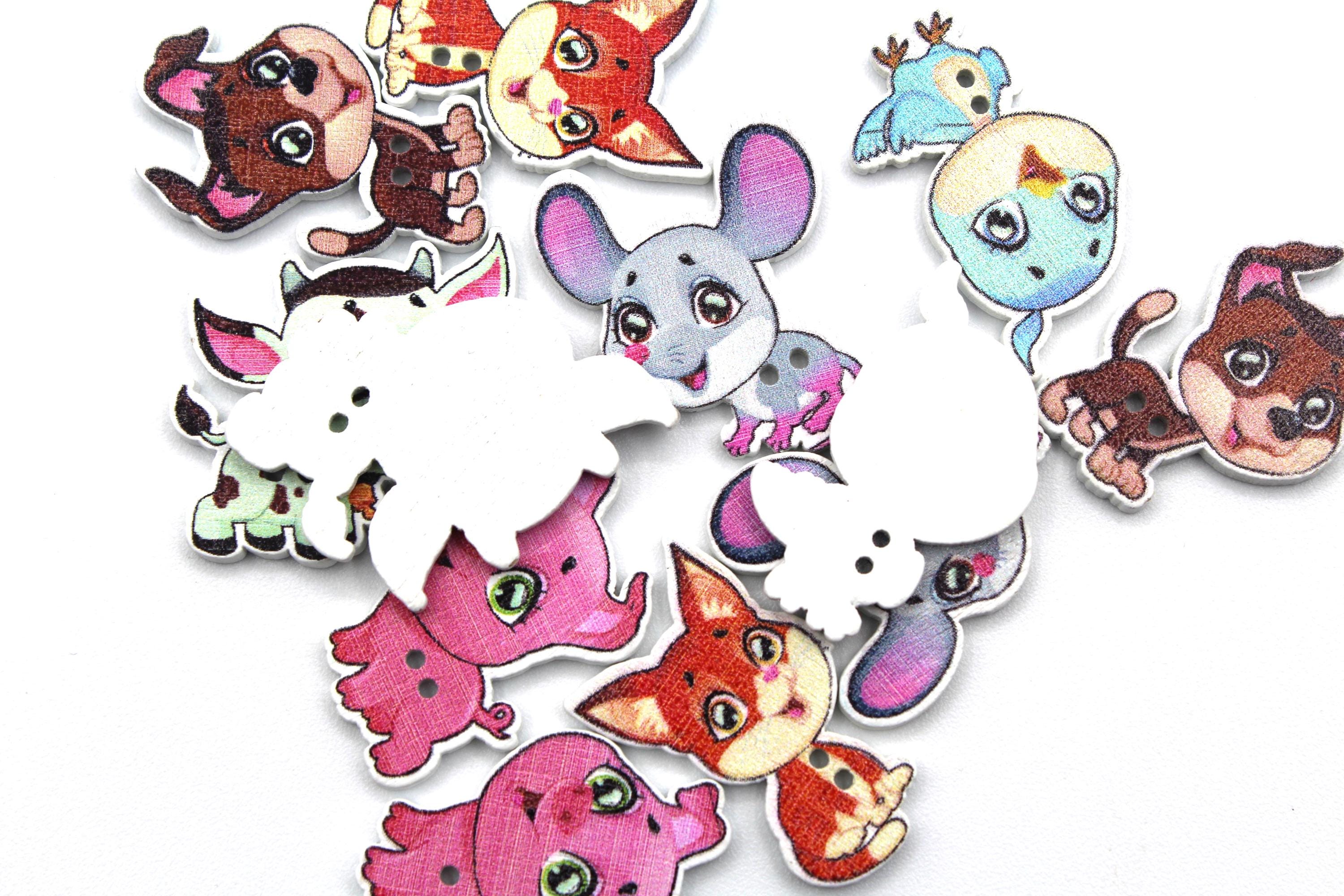 Cartoon Animals Buttons. Wooden Animal Shape Craft Buttons. Set of 12 ...