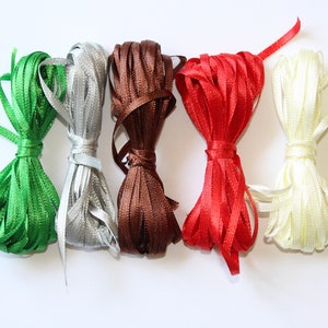 Decorative Satin 1/8 inch, 3 mm ribbon for sewing, knitting and craft. Set of 5 colors. 25 Meters.