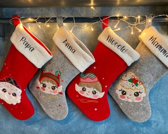 Calza natalizia artigianale ricamata e personalizzata in Feltro di lana e morbida pelliccetta