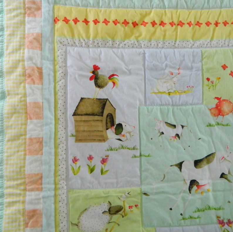 Barnyard Scenes Pastel Flannelette and Cotton Baby QuiltTummy Time Blanket