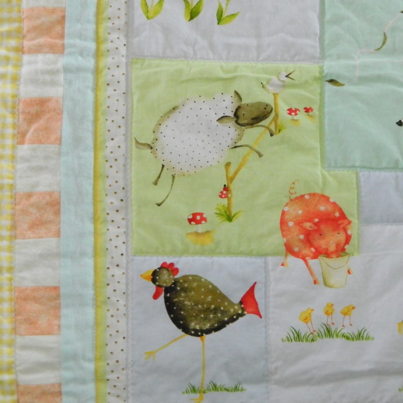 Barnyard Scenes Pastel Flannelette and Cotton Baby QuiltTummy Time Blanket