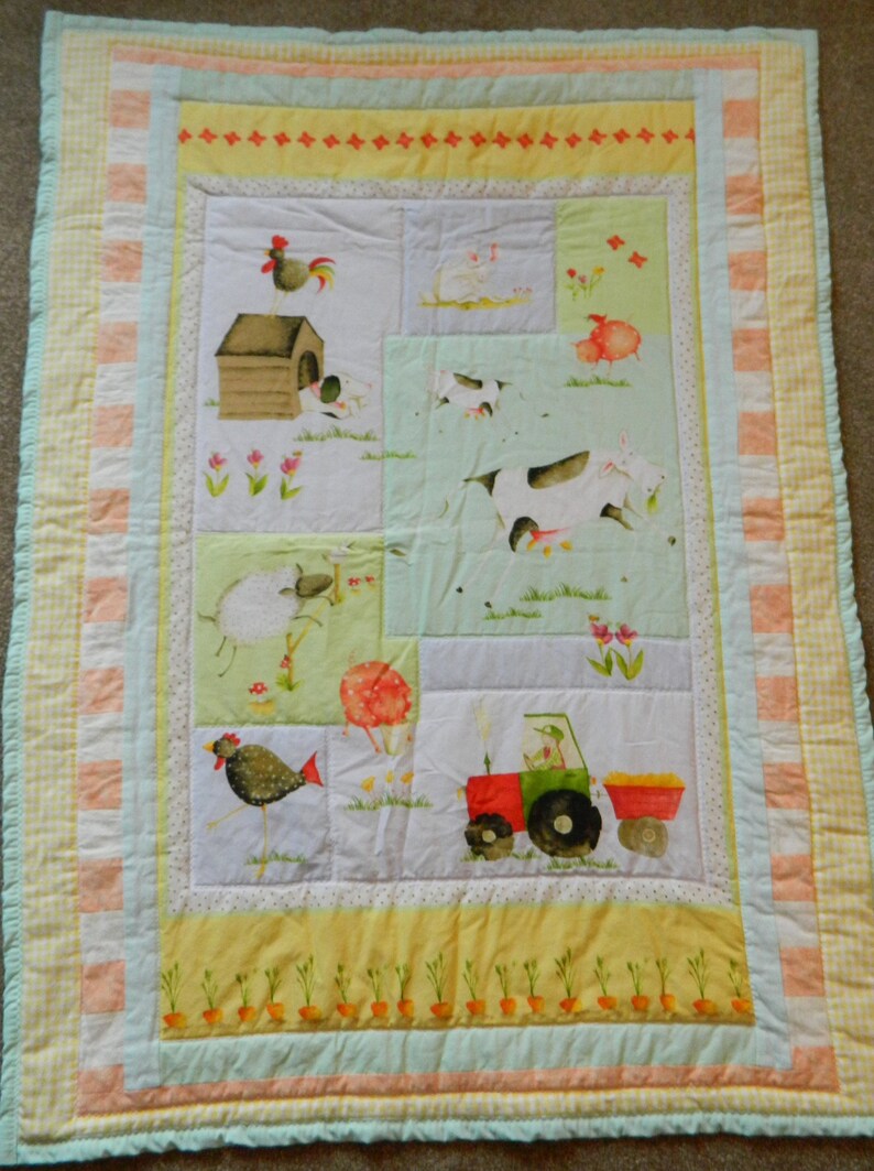 Barnyard Scenes Pastel Flannelette and Cotton Baby QuiltTummy Time Blanket