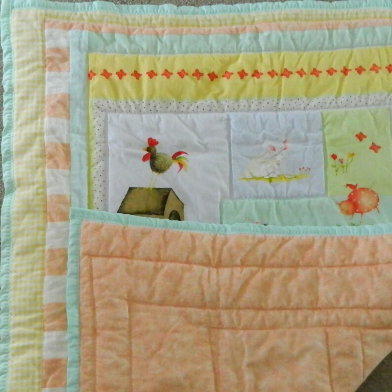 Barnyard Scenes Pastel Flannelette and Cotton Baby QuiltTummy Time Blanket
