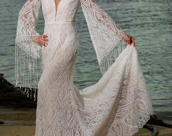 Mermaid Lace Wedding Dress with Deep Plunging Neckline Bell Sleeves and Fringe