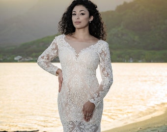 Long Sleeve Beaded Lace Wedding Dress with Deep V Neck