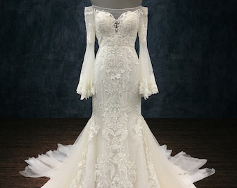Lace Off the Shoulders Wedding Dress with Bell Sleeves and Plunging Neckline