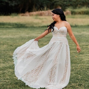 Boho Lace and Chiffon Wedding dress with Removable Bell Sleeves