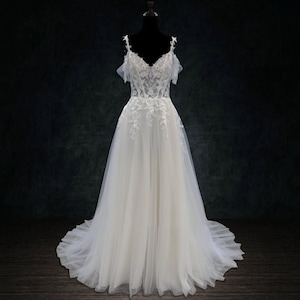 A-Line Lace Wedding Dress with Corset Boning Sparkly Tulle skirt, Off the Shoulder Sleeves and Straps