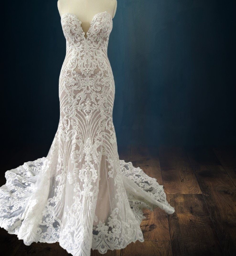 Beaded Lace Boho Mermaid Wedding Dress with Sparkle Tulle and Deep Neckline