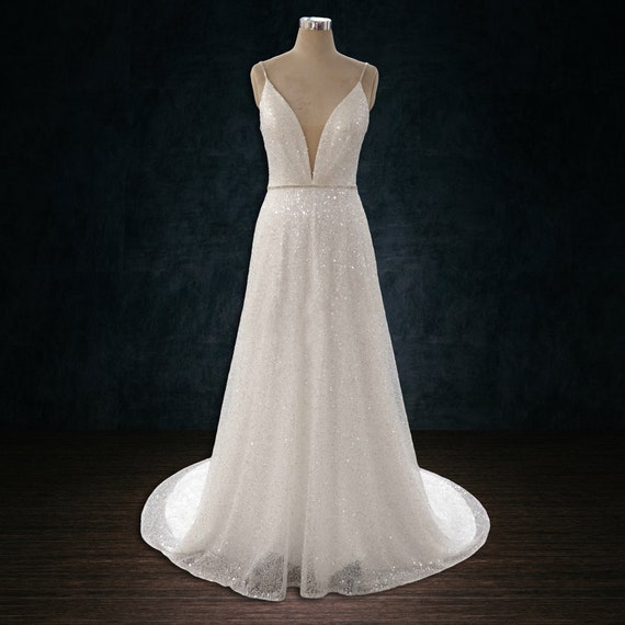 Sparkly Scallop Lace Plunging Designer Nude A-line Wedding Dress main image 0