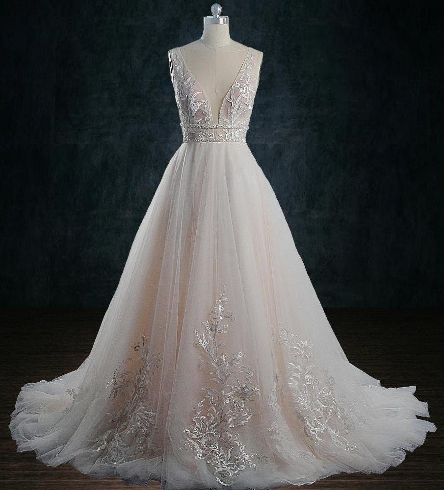 knee length dresses for ladies JACQUARDA Beaded Venice Lace V-Neck Sheath Lace Bridal Gown – Alesia C main image 0
