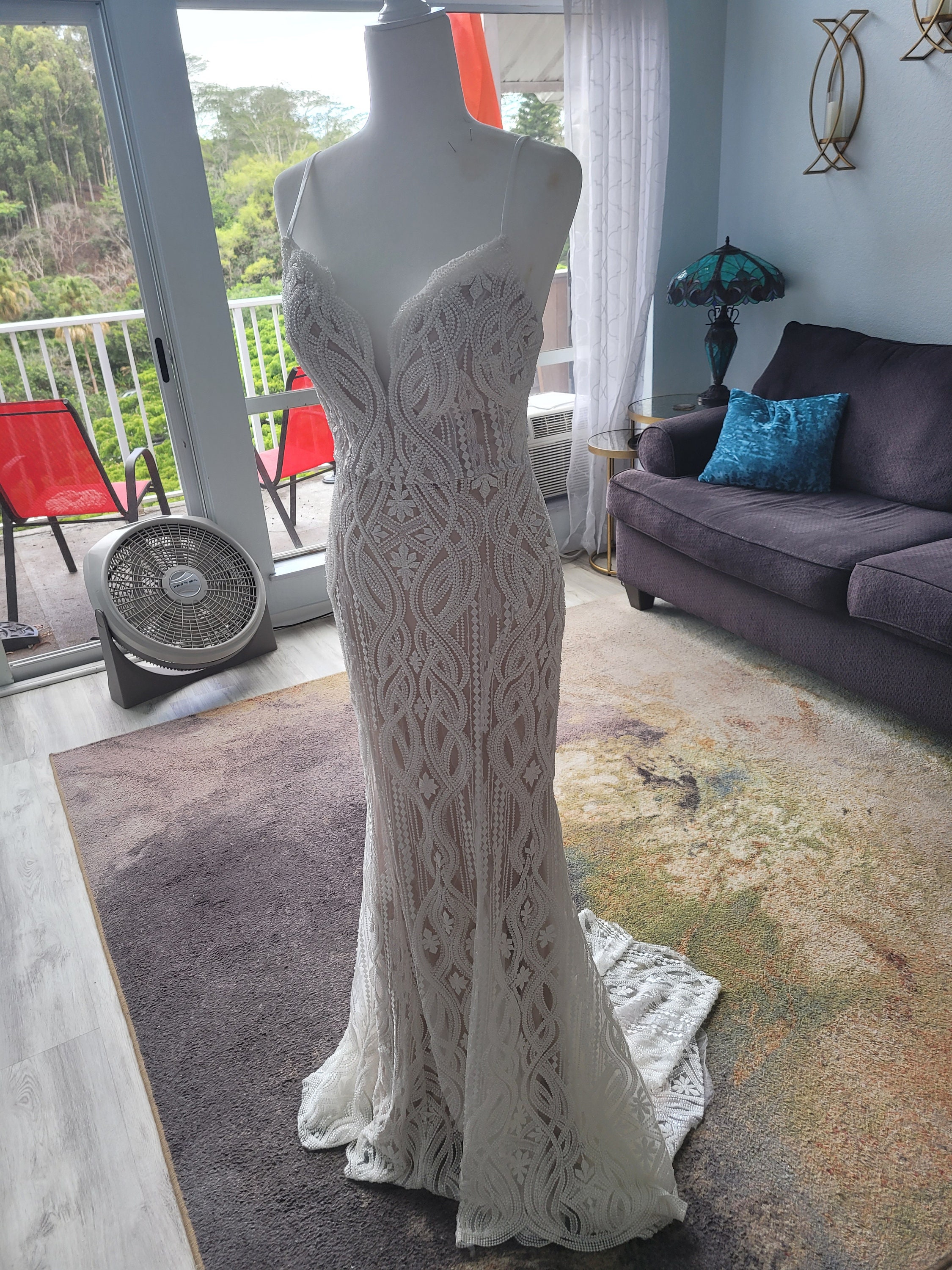 Designer Beaded Lace Plunging Satin Mermaid Wedding Dress main image 1