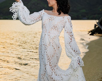 Boho Lace Mermaid Wedding Dress with Off the Shoulder Bishop Puffy Sleeves