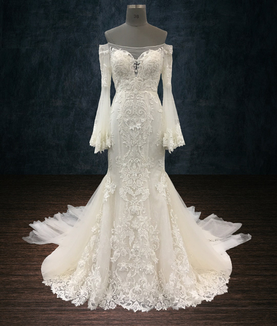 Lace off the Shoulders Wedding Dress With Bell Sleeves and Plunging ...