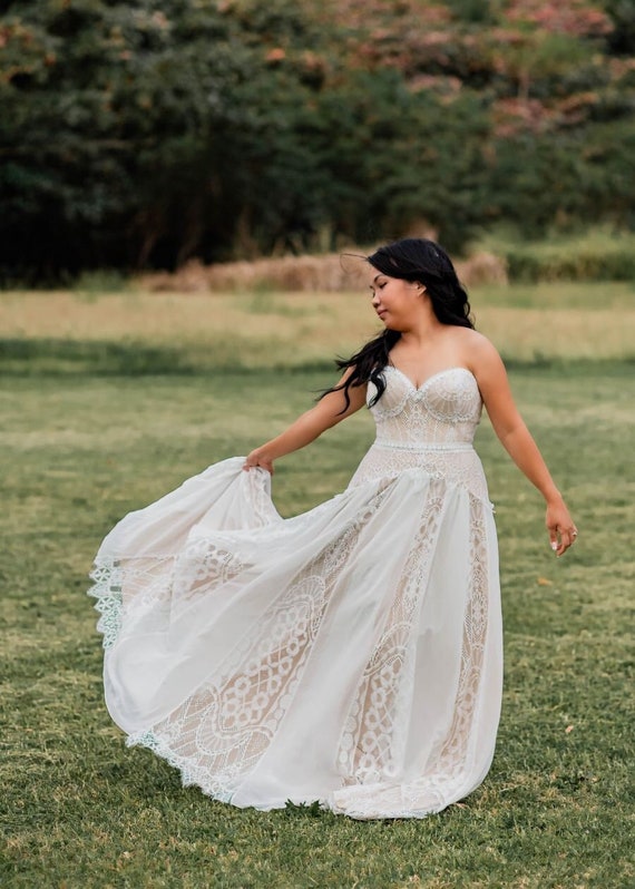 Boho Lace and Chiffon Wedding Dress With Removable Bell Sleeves - Etsy