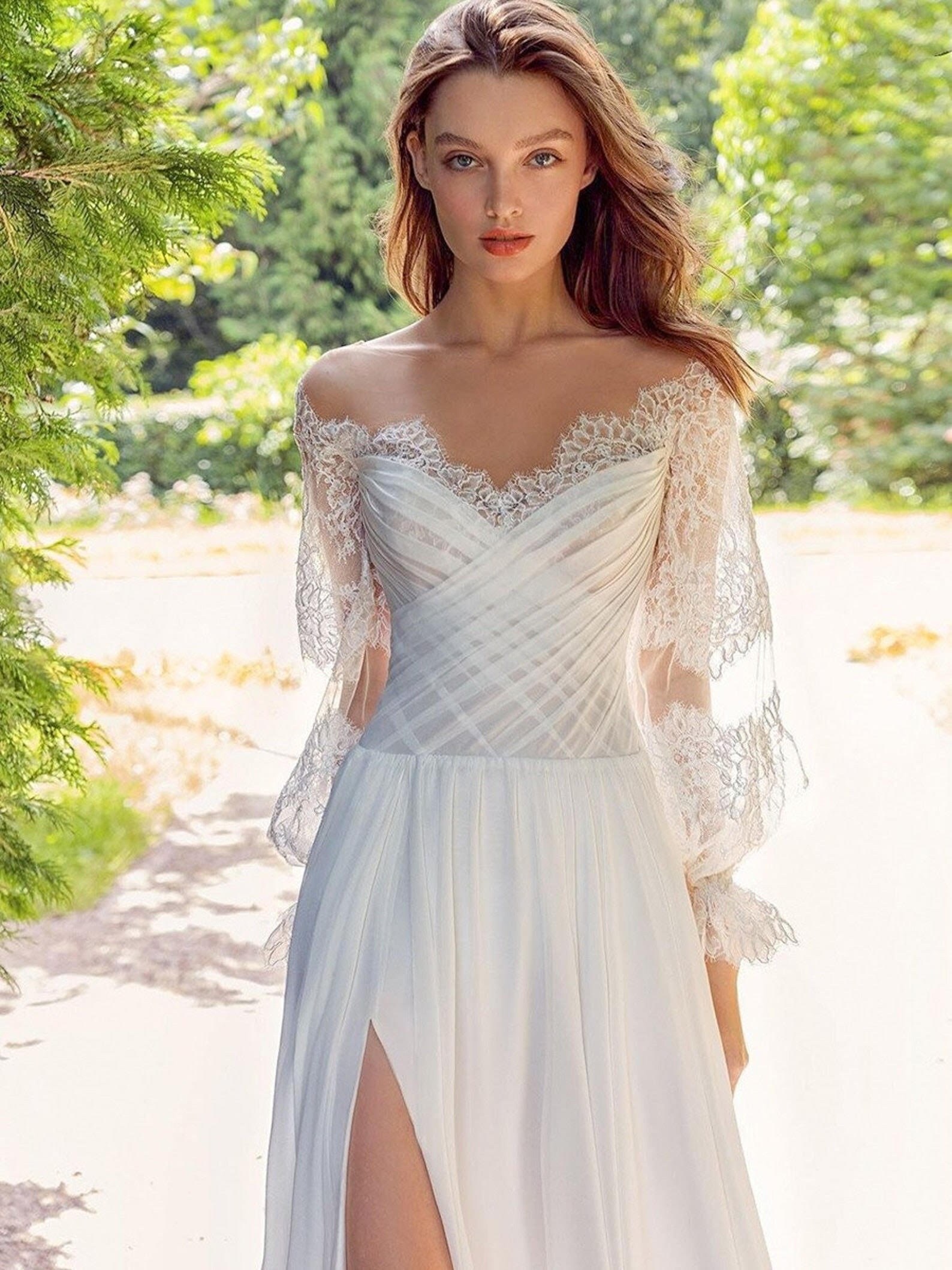 Off the Shoulder A-line Lace Wedding Dress With Chiffon
