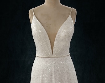 Beaded Sparkly A-Line Wedding dress with plunging neckline