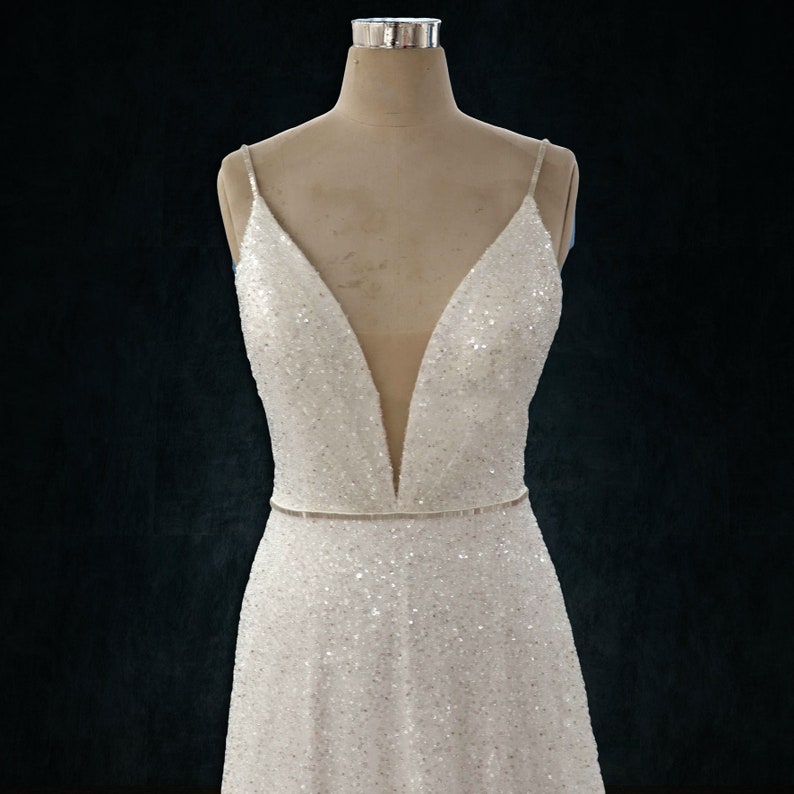 Beaded Sparkly A-line Wedding Dress With Plunging Neckline - Etsy