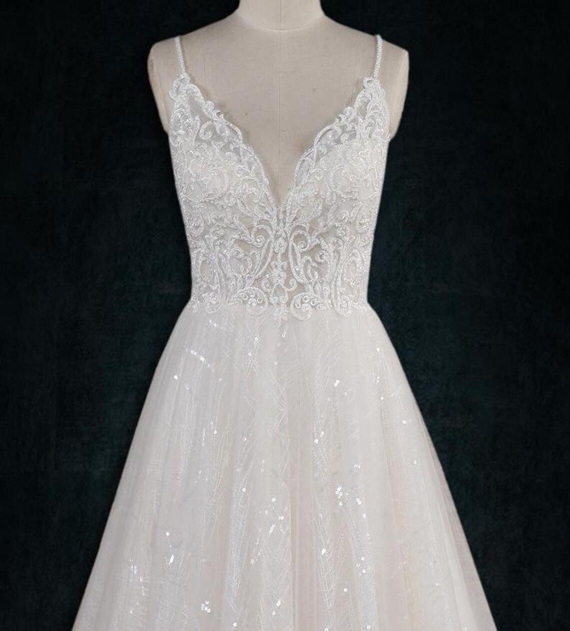 Elegant Spaghetti-Strap A Line Wedding Dress with Lace and Tulle main image 1
