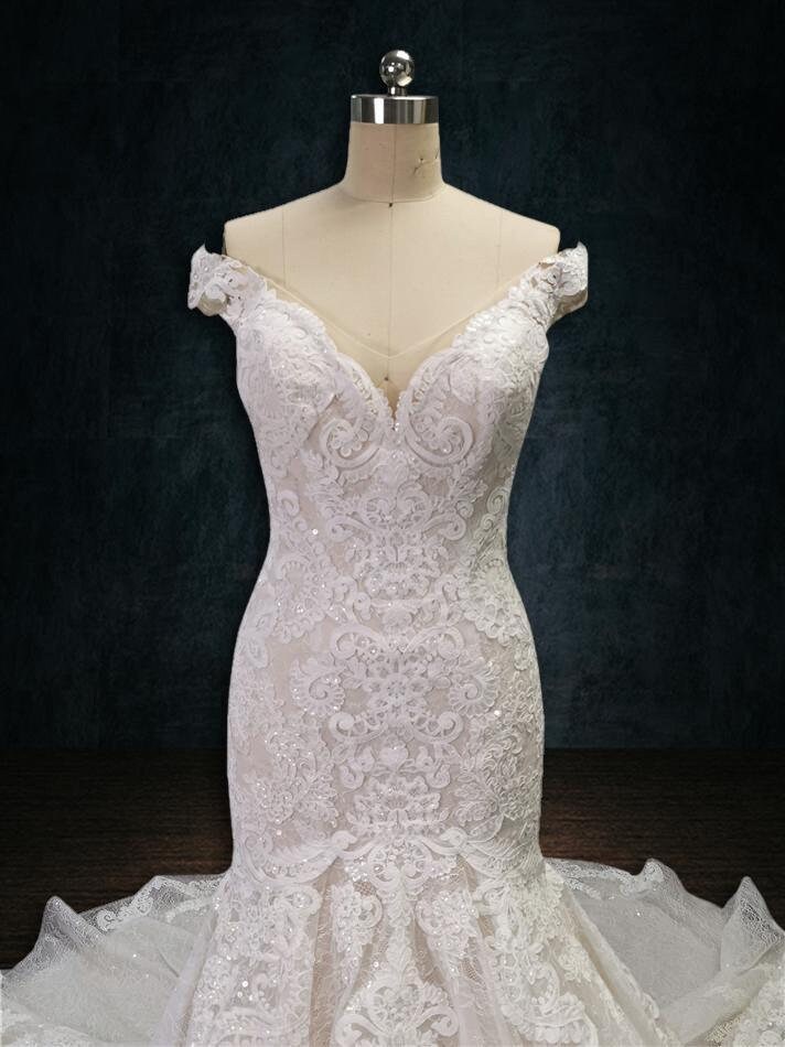 Mermaid Wedding Dress Short Sleeves Lace Beading Bridal Gown