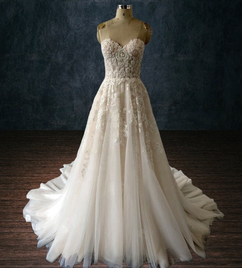 a line tea length dress Princess Tulle A-line Cap Sleeves Tea Length Lace Wedding Dresses, MW951