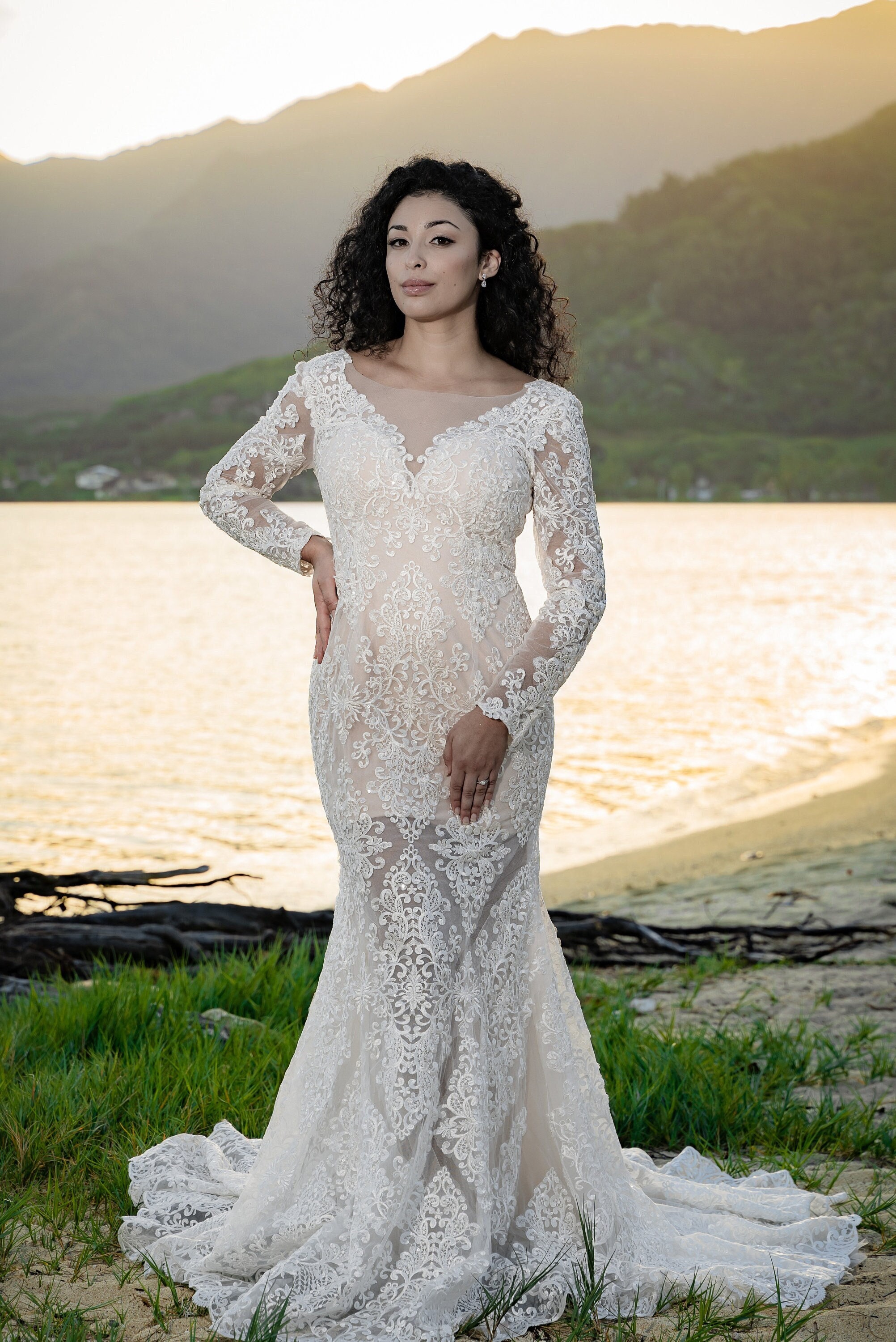 Long Sleeve Beaded Lace Wedding Dress with Deep V Neck Long Sleeve Beaded Lace Wedding Dress with Deep V Neck