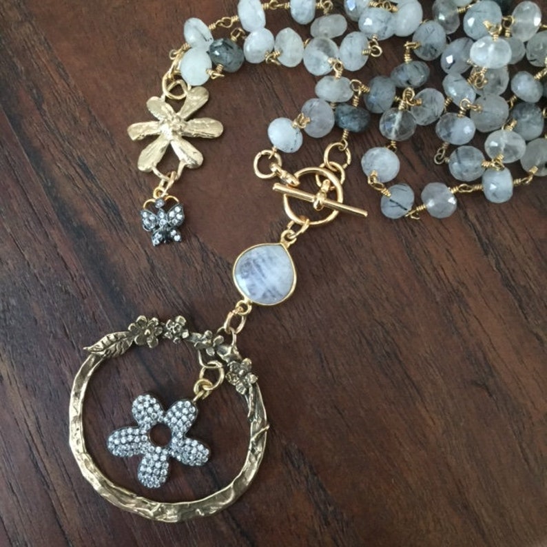 Moonstone And Micro Pave Pendant And Offset Charm Semiprecious Statement Necklace Rutilated Quartz Rosary Chain With A Goldbronze Necklaces Jewelry Ugaurbanag Com