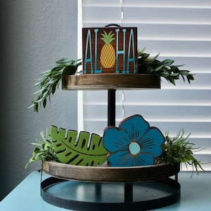 blue Luau decor, aloha tiered tray, wood Hawaiian flower, blue hibiscus, small aloha sign, farmhouse decor, island decor