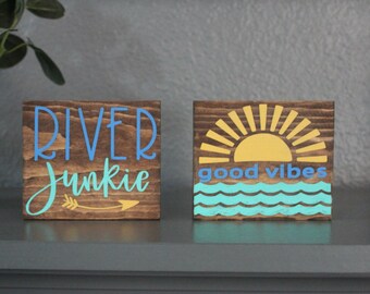 river house wood signs, river signs, wood blocks, painted signs, good vibes, river junkie, colorful wood signs