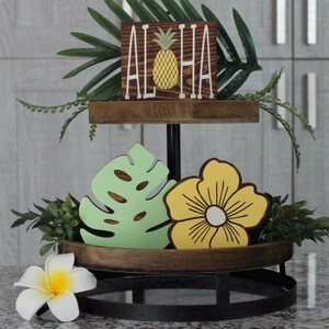Decoración de fiesta tropical Tiki, relleno de bandeja escalonada aloha, decoración de fiesta luau, decoración de cumpleaños aloha, letrero aloha, verde amarillo, temática isleña