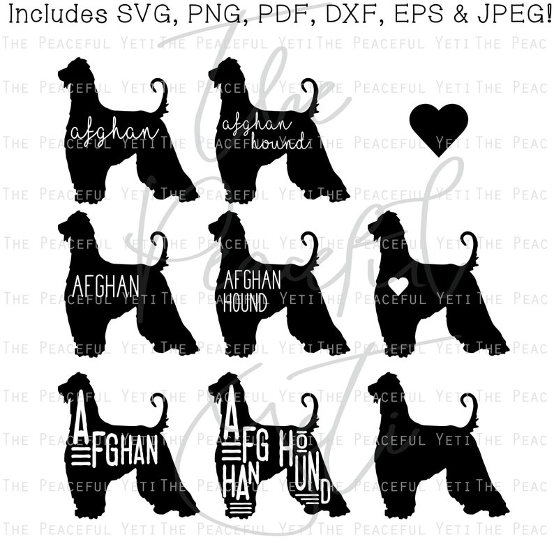 Afghan Hound Dog SVG Afghan Hound Silhouette with Name and Heart in Different Fonts Instant Download jpeg png svg pdf eps dxf image 2