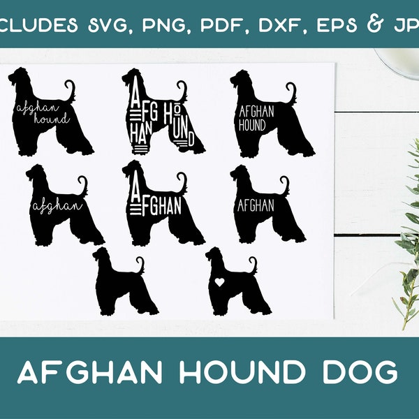 Afghan Hound Dog SVG - Afghan Hound Silhouette with Name and Heart in Different Fonts - Instant Download jpeg png svg pdf eps dxf