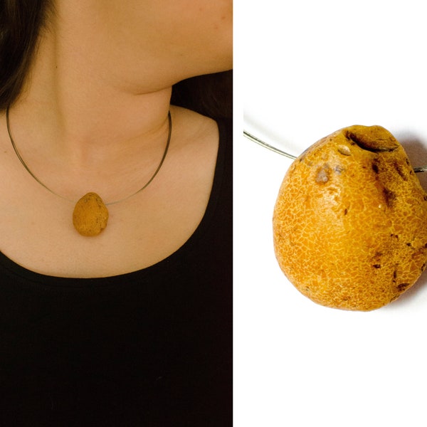 Amber Pendant, Baltic Amber Pendant, Amber Necklace, YELLOW RAW amberstone, Amber Pendant Chain, Choker Amber Jewellery,