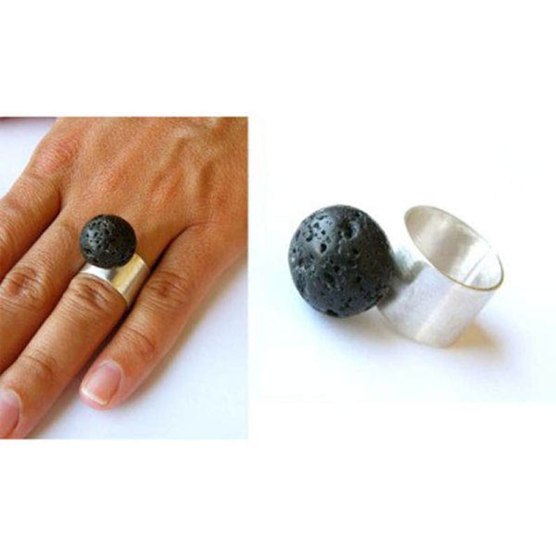 Silber ring KUGEL, schwarze Lava, matte sterling Silber 925, einstellbar,black lavastone, Neu Handgemacht Bild 1