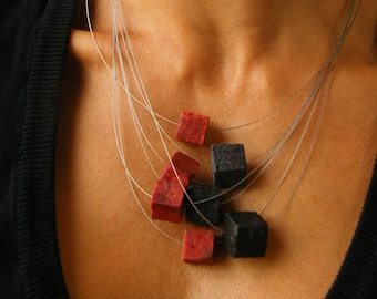 Lava And Coral Necklace, Red And Black Cube Beads, 925 Sterling Silver Clasp