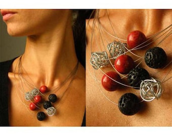 Necklace, Beads made of lava coral wire bead, red, black, silver clasp, NEW Handmade