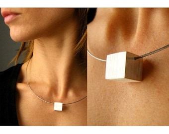 Necklace, matte sterling silver CUBE, silver clasp, NEW Handmade