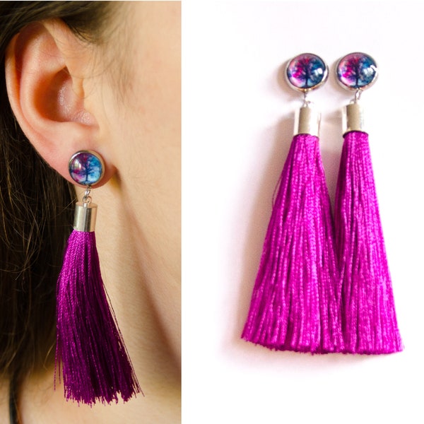 Statement summer earrings with tassels Boho style VIOLET silver earrings hangers stud silk /Silver dangling purple tassel earrings hangers stud