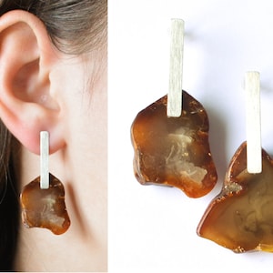 Amber Earrings, hanging earrings, Sterling Silver 925, nugget, brown amber earrings, silver, Bärnsten, amber, Handmade