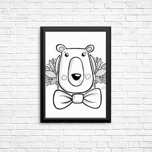 May include: Black and white line art illustration of a bear wearing a bow tie. The bear has a friendly expression and is surrounded by leaves. The illustration is framed in a black frame.