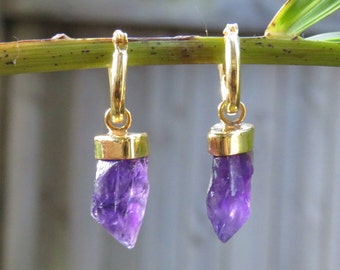 Gold Hoops Amethyst, Raw Crystal Earrings, Amethyst Hoop Earrings, Mini Hoops with Amethyst, Removable Charm Earrings