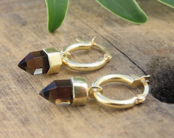 Gold Smoky Quartz Earrings, Quartz Crystal Earrings, Mini Hoop Quartz Earrings, Tiny Hoops with crystal pendant, Brown crystal earrings