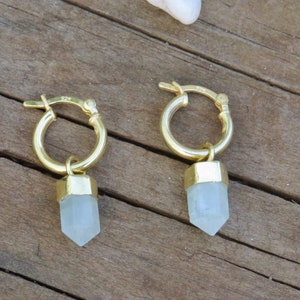 Aquamarine Gold MYSTICAstore MIni Hoop Crystal Earrings, Hoop Pointed Earrings, Tiny Hoops crystal pendant, Aquamarine Jewelry