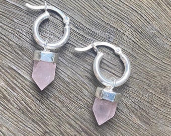 Rose Quartz Silver Earrings, Crystal Earrings, Mini Hoop Quartz Earrings, Tiny Hoops crystal pendant, Mystica Jewellery Byron