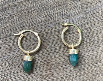 Green Crystal Gold Earrings, Emerald Green Crystal Jewellery, Mini Hoop Pencil Crystal, Green Tiny Hoops, Aventurine Jewelry